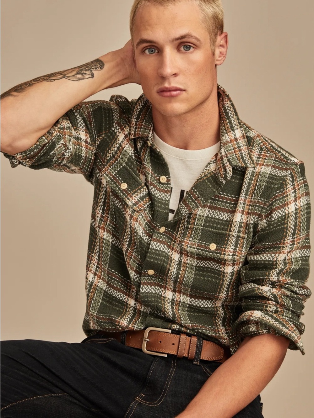 NWOT Lucky Brand by Cole Hauser Herringbone Humboldt Green Plaid Button-Up | M